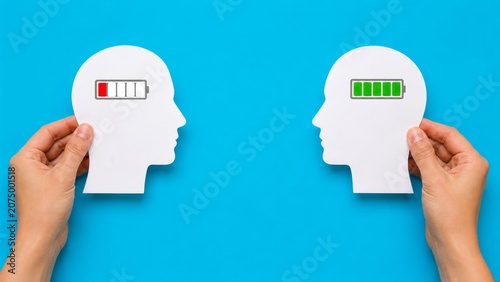Two hands hold cut-out head silhouettes, one showing a low battery and the other fully charged, symbolizing mental energy and well-being.