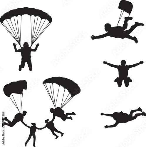 Silhouettes of parachutists and skydivers in action