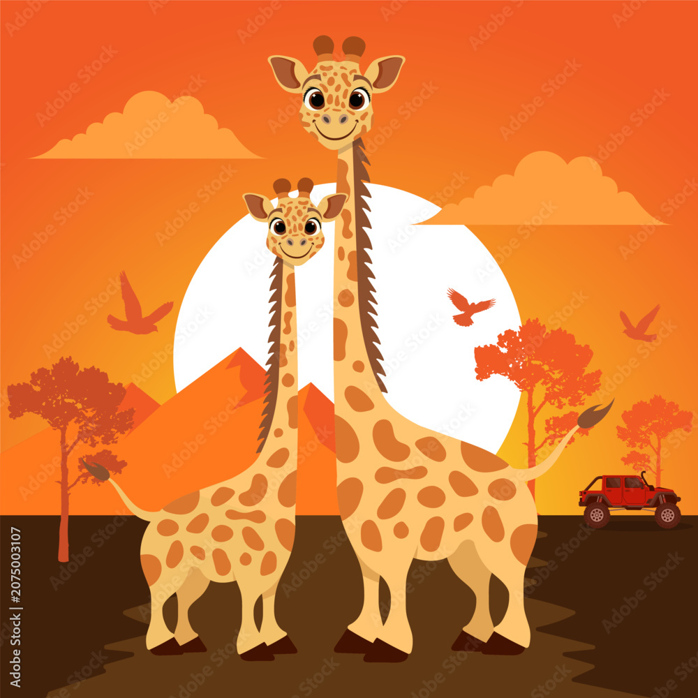 Fototapeta premium Giraffe at sunset in the wild African savanna vector illustration