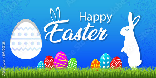 Happy easter greeting text clipart design. Happy easter typography text with printed colorful easter eggs vector illustration