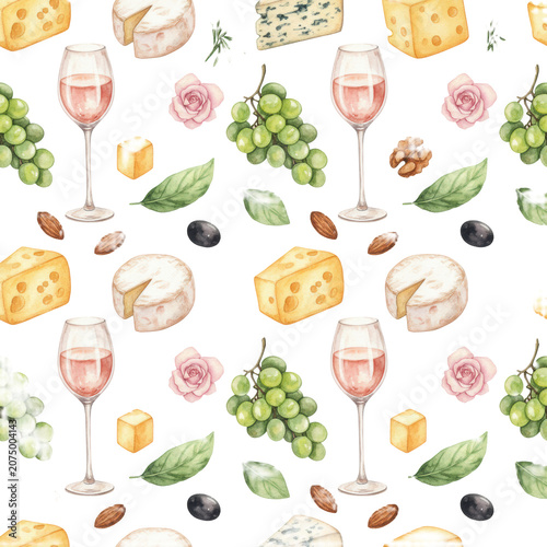Watercolor illustration of scattered rosé wine glasses, artisan cheeses, grapes, olives, nuts, pink roses, and herbs on white, flat lay, elegant gourmet seamless pattern concept