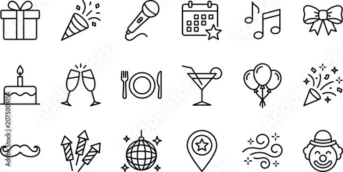 Party and celebration line icons set, 18 vector symbols for birthday events, holiday festival and nightlife entertainment elements