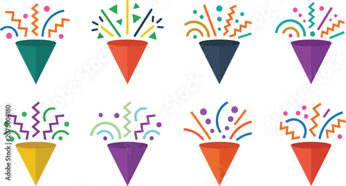 Colorful party popper icons set, festive confetti explosion vector elements, celebration surprise crackers for birthday and holiday events