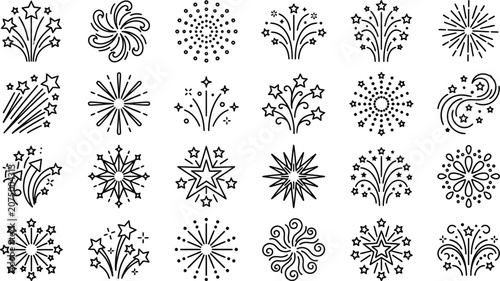 Fireworks line icon set, 24 celebration firework burst vector elements, festive star sparks and pyrotechnic explosion symbols for holiday events