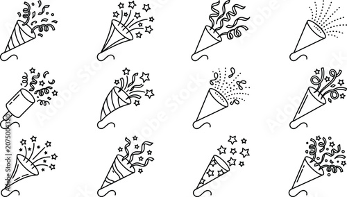 Confetti popper line icons set, 12 party cracker vector elements, festive celebration symbols with stars and streamers, birthday event graphics