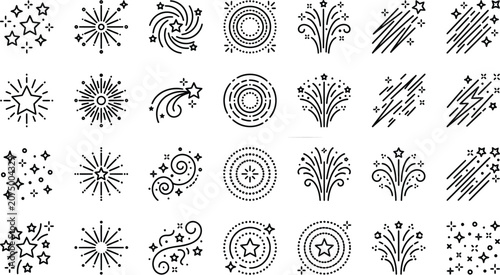 Minimalist firework line icons set, black starburst and sparkle vector elements, 28 festive celebration symbols for holiday event design