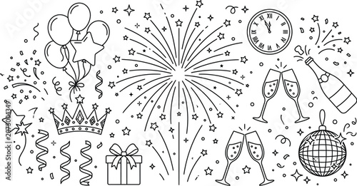 New Year celebration doodle icons, festive party line art elements, fireworks and champagne bottle vector illustrations for holiday greeting cards