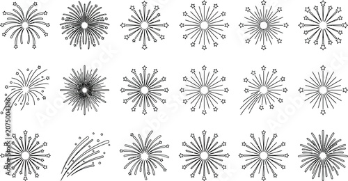 Minimalist firework line icons set, 18 black thin stroke firework burst vectors, festive celebration pyrotechnic symbols for holiday design