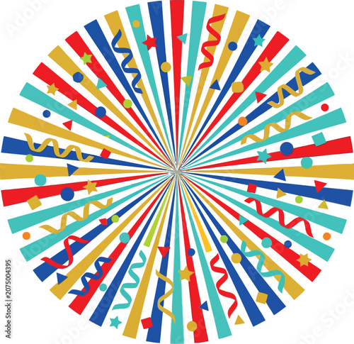 Festive colorful confetti sunburst vector, vibrant party explosion with streamers and stars, celebratory radial background for birthday and events