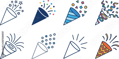 Party popper icon set with colorful confetti and streamers, 8 celebratory vector elements for birthday events, festive holiday surprise graphics