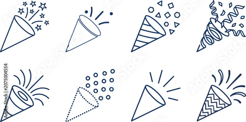 Confetti popper line icons set, party cracker vector illustrations with stars and streamers, celebration popper collection for events