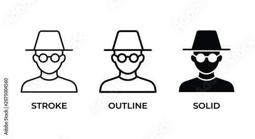 Obraz na płótnie Person With Fedora And Round Glasses Silhouette Icon In Three Variations