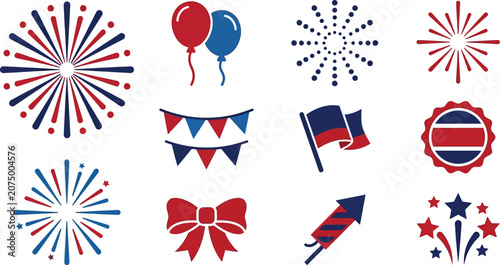 Patriotic celebration icons set, red white and blue fireworks and party elements, 12 flat vector illustrations for independence day and national holidays