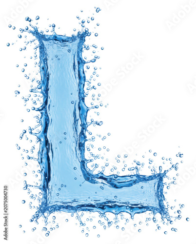A realistic, high-velocity sapphire blue water splash forming letter 'L', with turbulent ripples, sharp crests, and spherical droplets, isolated on transparent background, concept of dynamic purity
