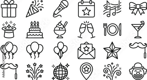 Party and celebration line icon set, 24 birthday event vector symbols, festive holiday outline icons for invitation design and social planning