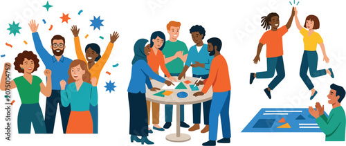 Diverse business team collaboration set, professional office teamwork and celebration scenes, multicultural colleagues working together vector
