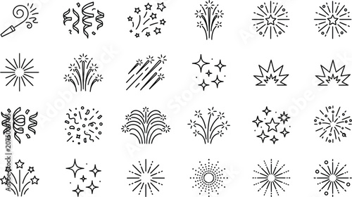 Minimalist firework line icons, set of 24 celebration sparkler and confetti vector symbols, festive party firework burst elements for event design