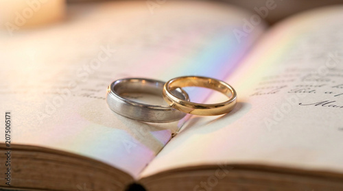Elegant wedding rings on open vintage book, gold and silver marriage bands with rainbow light, romantic jewelry on antique script pages