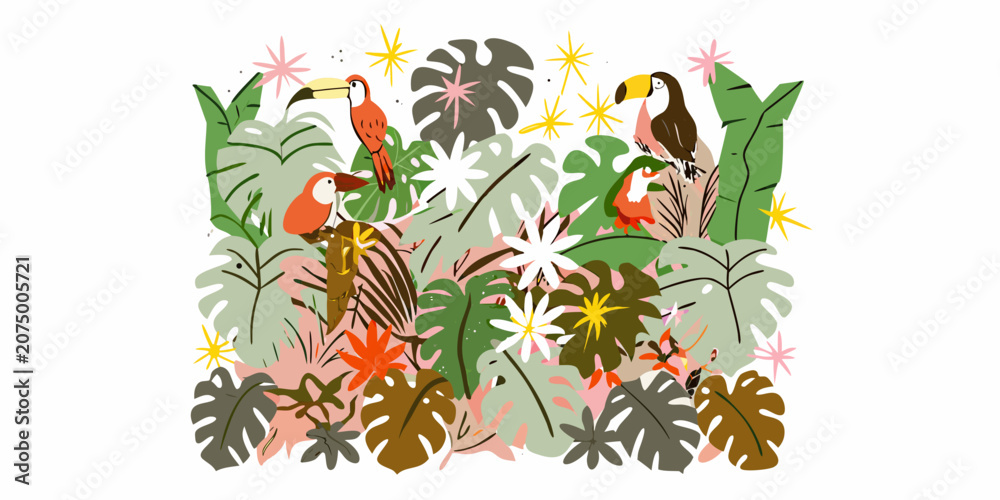 Obraz premium Tropical birds and foliage flat vector illustration on white background