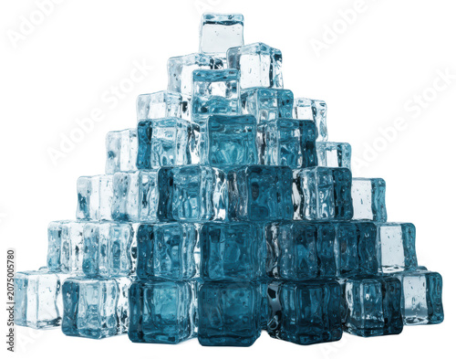 Massive pile of crystal-clear chiseled ice cubes, sharp edges, condensation, blue reflections, low-angle macro on seamless transparent background, concept for premium beverage advertising