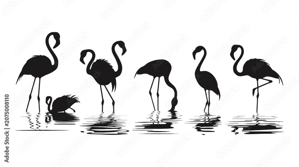 Obraz premium Black silhouettes of flamingos standing in shallow water with reflections, depicting a flock of elegant birds.