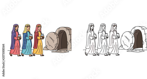 Obraz na płótnie Christian Easter illustration of three women visiting the empty tomb with rolled away stone, featuring both full color and black and white line art coloring page versions