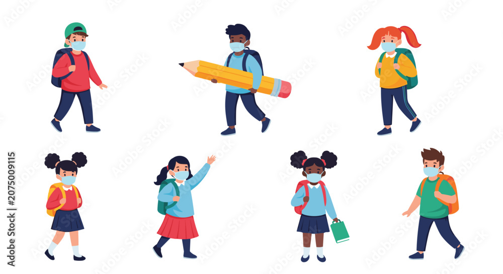 Fototapeta premium Group of diverse school children wearing colorful face masks and backpacks stand ready for class in a safe way.