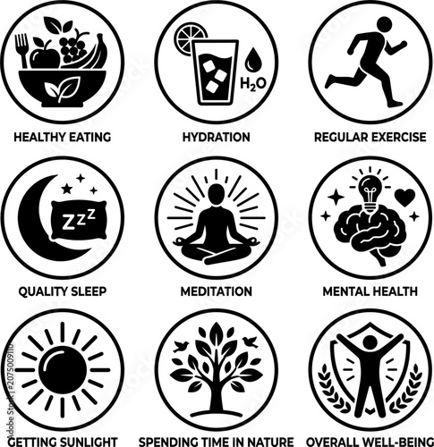 Wellness Lifestyle Icon Set 9 Black Circular Healthy Habits