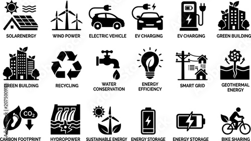 Clean Energy Sustainability Icon Set 18 Black Vector Renewable Environment