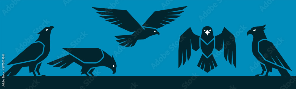 Fototapeta premium Set of stylized raven or crow birds in various poses, vector illustration on blue background.