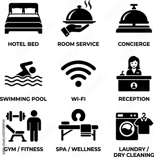Hotel Amenities Icon Set 9 Black Vector Hospitality Services