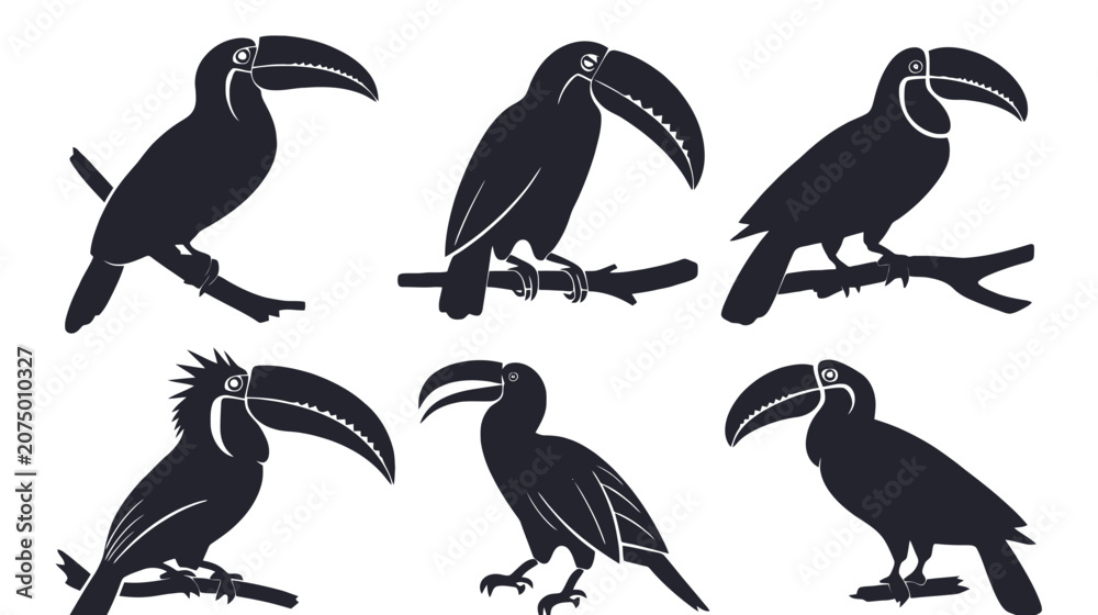 Obraz premium Six black toucan silhouettes perched on branches, showcasing various tropical bird poses and profiles.