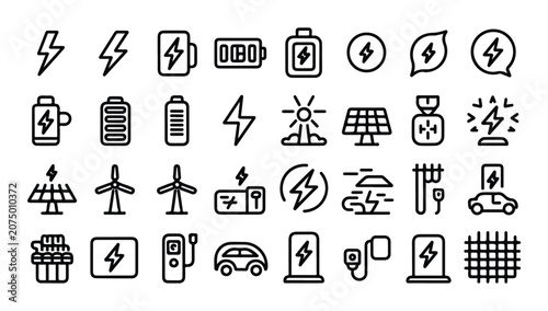 Photos Set of vector line icons depicting various aspects of renewable energy and electric power