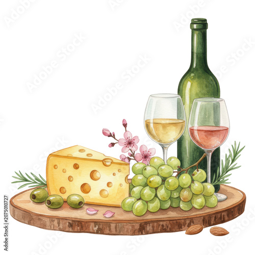Detailed watercolor flat lay: Emmental cheese, green grapes, wine glasses (white, rosé), bottle, olives, almonds, rosemary, pink flowers on a rustic board with white copy space, elegant fine dining
