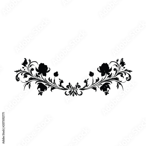 Floral divider consists of elaborate silhouettes of flowers and sweeping leafy branches arranged to provide a balanced aesthetic for professional documents and luxurious menu card designs.