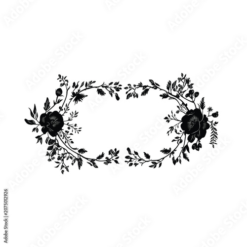 Floral frame composed of intricate black ink botanical illustrations provides an elegant decorative element for wedding invitations and stationery designs with ample copy space in the center.