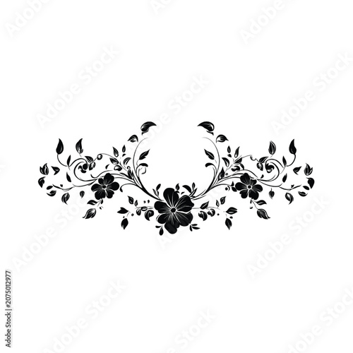 Floral scroll ornament displaying intricate black vines and central blossoms serves as a decorative divider for elegant typography and formal document styling on a clean white background.