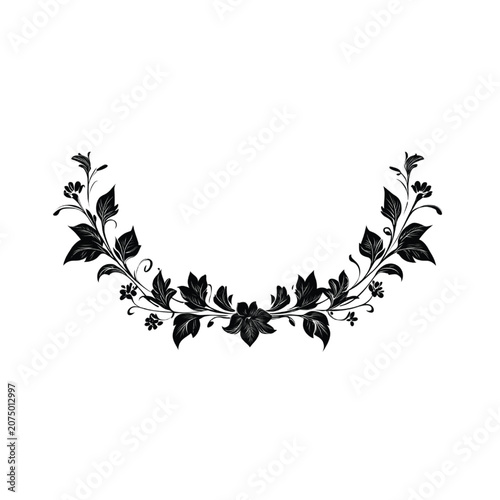 Flower garland featuring detailed dark foliage and blossoms arranged in a symmetrical arch creates a classic decorative element suitable for professional graphic design and high-end print projects.