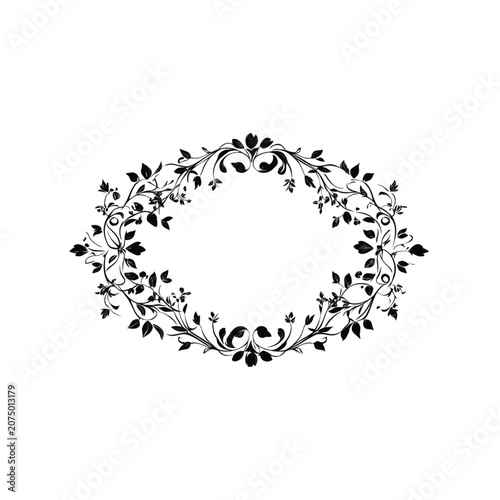 Floral frame displays an oval arrangement of black ink botanical vines and delicate petals, serving as a sophisticated decorative centerpiece that is perfectly isolated on a solid white background.