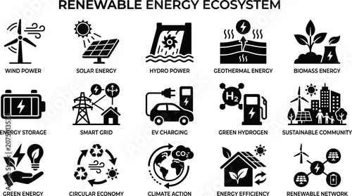 Renewable energy ecosystem icon set 15 black vector solar wind hydro green power