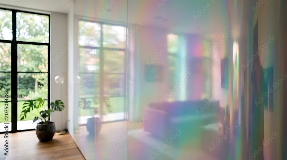 Fototapeta premium Modern living room with iridescent wall.