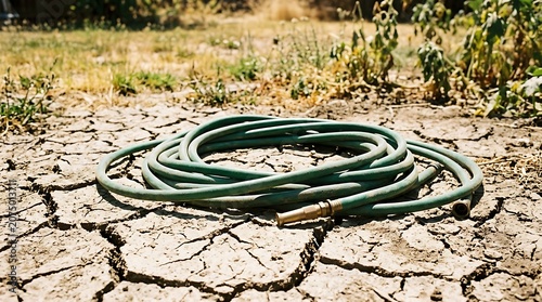 Coiled green garden hose on dry cracked soil during severe summer drought and climate heatwave