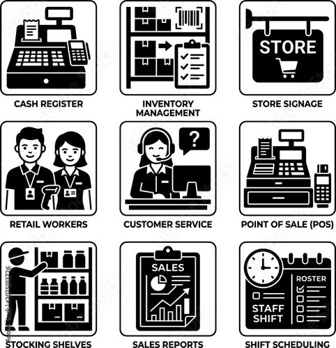 Retail store operations icon set 9 black vector POS inventory customer service