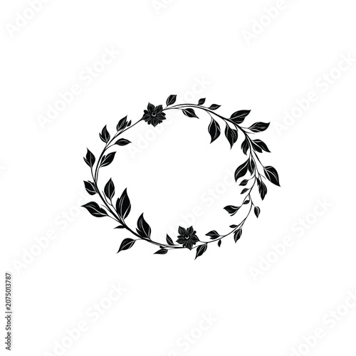 Floral wreath consists of a circular arrangement of intertwined vines and small flowers creating a versatile frame for text or imagery in sophisticated design and branding applications.