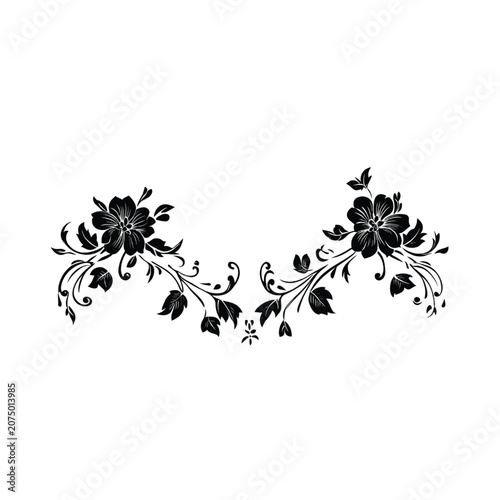 Floral flourish displays two distinct clusters of stylized blossoms and swirling foliage creating a balanced decorative element that adds a sophisticated touch to invitations and classic graphic.