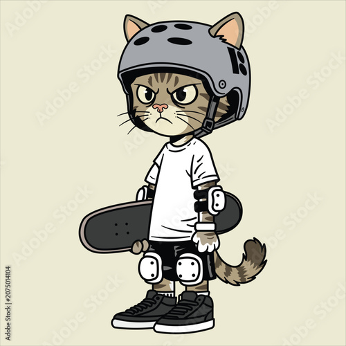 Cute Skater Cat Cartoon Character Wearing Helmet Holding Skateboard. 
Cute cartoon cat skater character wearing a safety helmet, elbow pads, knee pads, and casual streetwear while holding a skateboard
