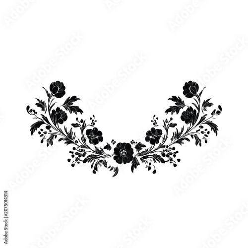 Floral ornament features symmetrical blooming flowers and delicate leaves arranged in an elegant sweeping arch design suitable for wedding stationery and luxury branding projects on a white.