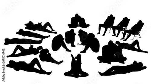 Photos Black and white silhouettes of people relaxing and sunbathing on beach chairs is