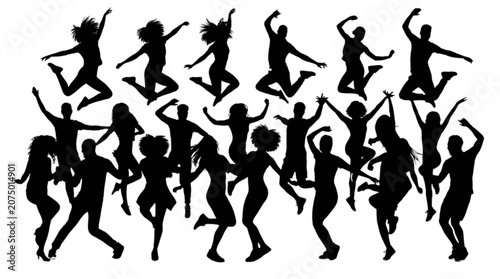Group of people jumping and dancing together in silhouette style isolated on transparent background, Vector