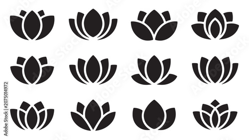 Fotografie Set of black lotus flower icons representing purity and zen isolated on transparent background